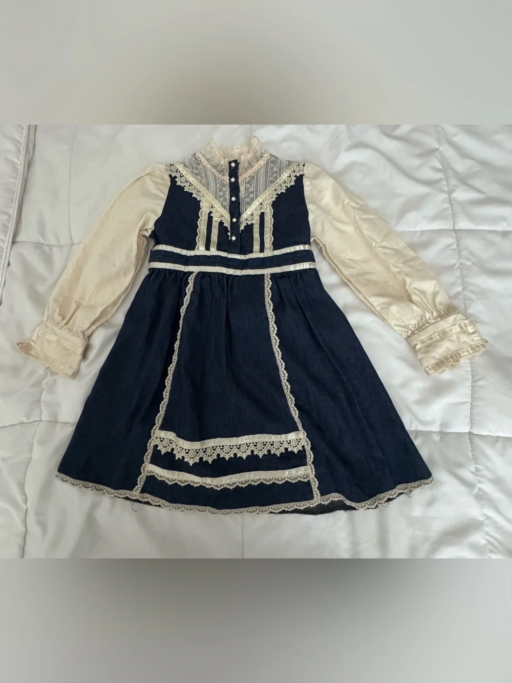 Gunne Sax Navy and Cream Lace Trim Girls' Dress
